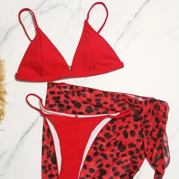 *******DAMAGED *******Red Bikini & Leopard Print Tie Side Cover Up - Picture 2 of 3